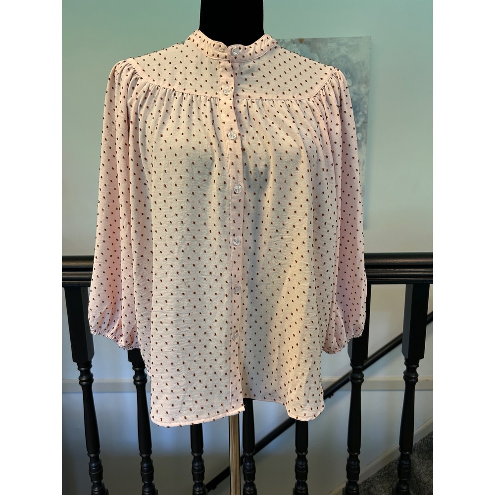 J.NNA Pink Clip Dot Button Front Blouse Band Collar Balloon Sleeve Medium